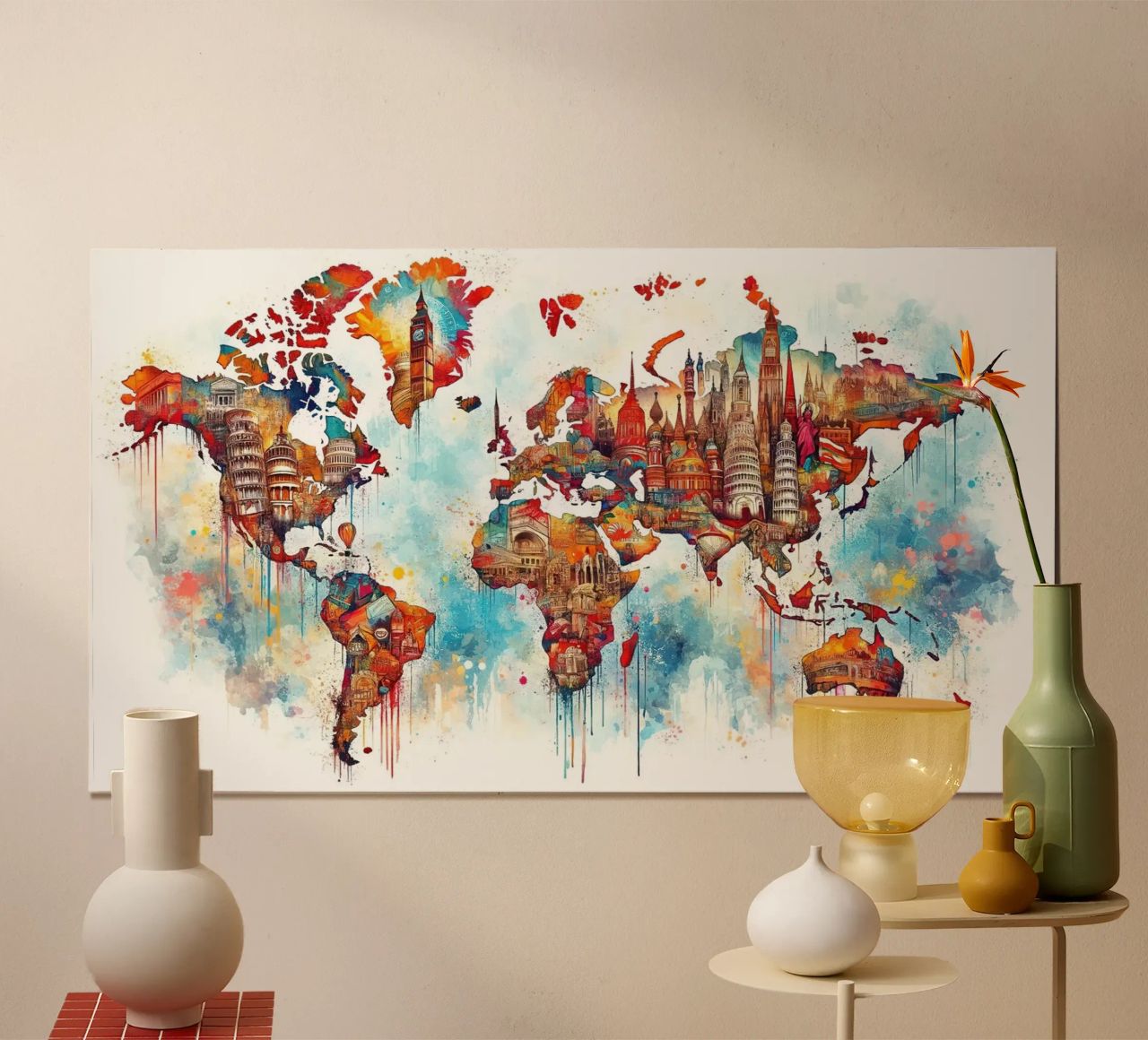 Watercolor World Map Landmarks poster by Chromatic Fusion Studio