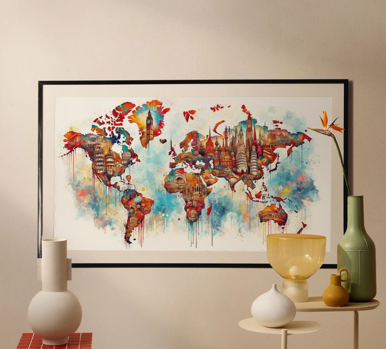 Watercolor World Map Landmarks poster by Chromatic Fusion Studio