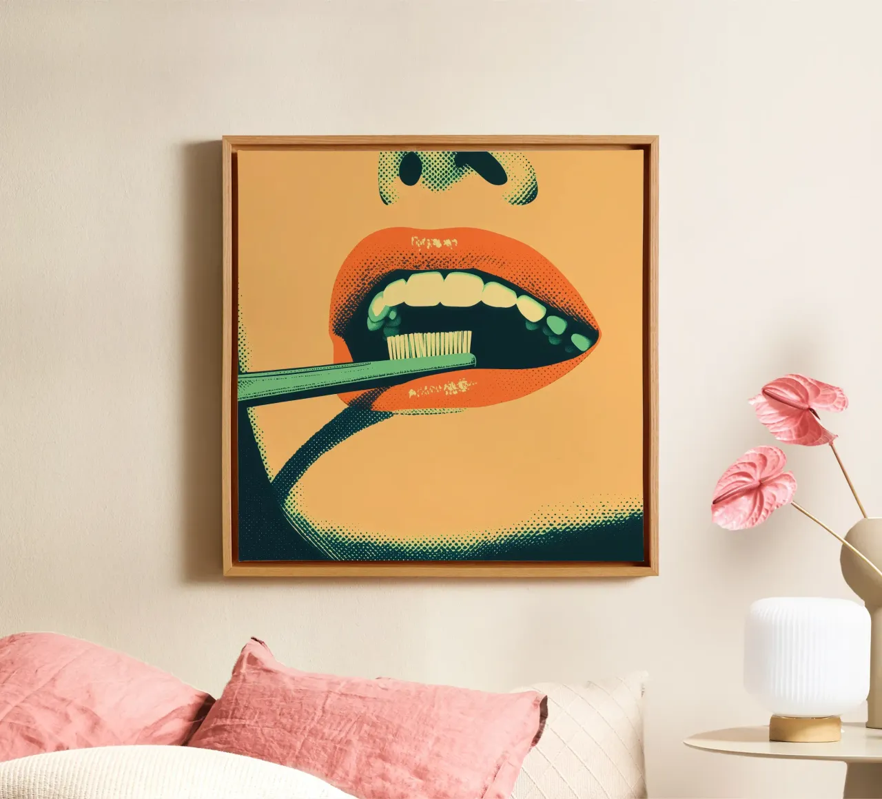 Start fresh: Retro Pop Art Dental Print with toothbrush canvas with Floater frame by Synthaira