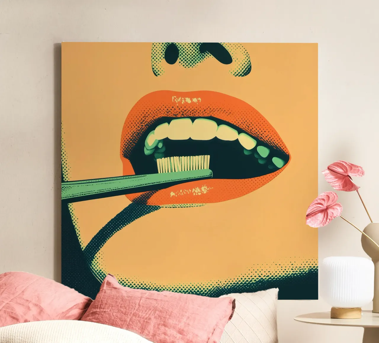 Start fresh: Retro Pop Art Dental Print with toothbrush canvas with Floater frame by Synthaira