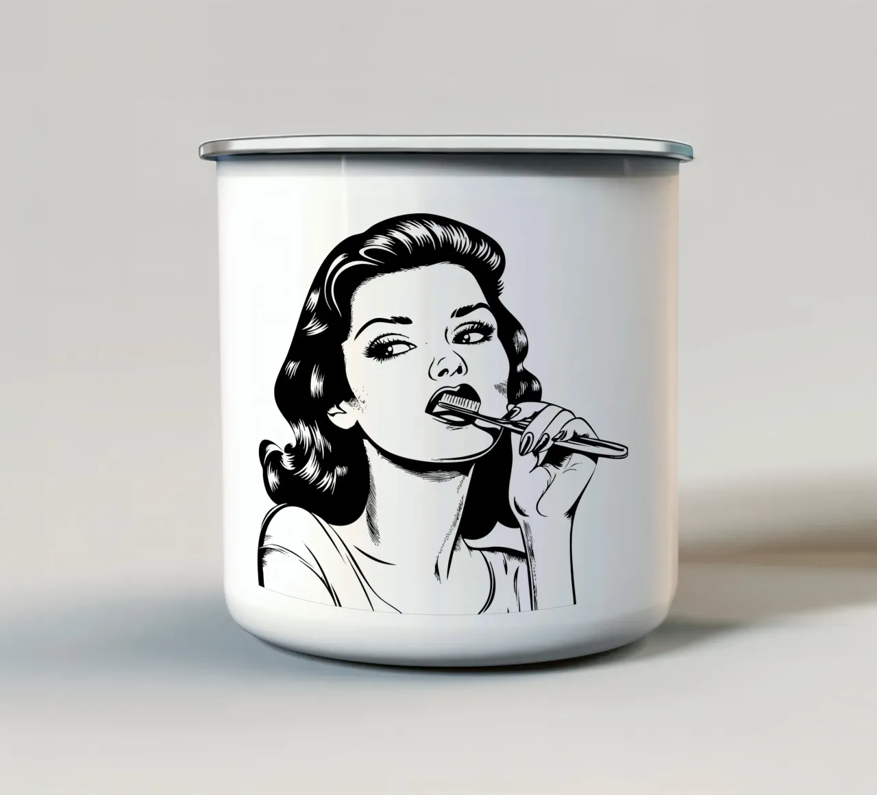 Retro Routine - Pop Art Vrouw Tandenpoets Print emaille mok van Synthaira