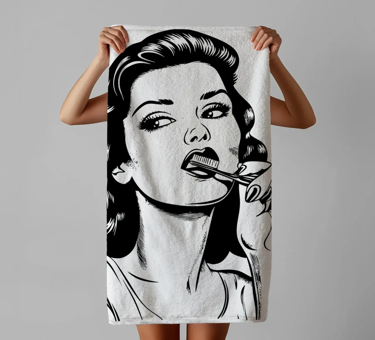 Retro Routine - Pop Art Vrouw Tandenpoets Print badhanddoek van Synthaira
