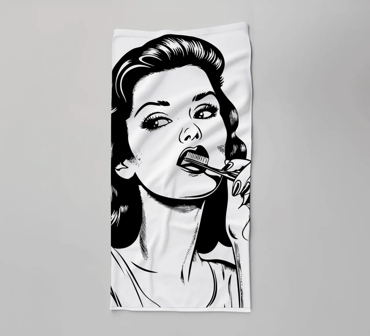 Retro Routine - Pop Art Vrouw Tandenpoets Print badhanddoek van Synthaira
