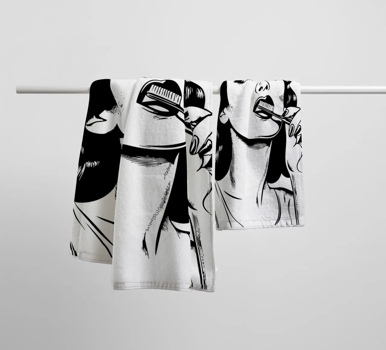 Retro Routine - Pop Art Vrouw Tandenpoets Print badhanddoek van Synthaira