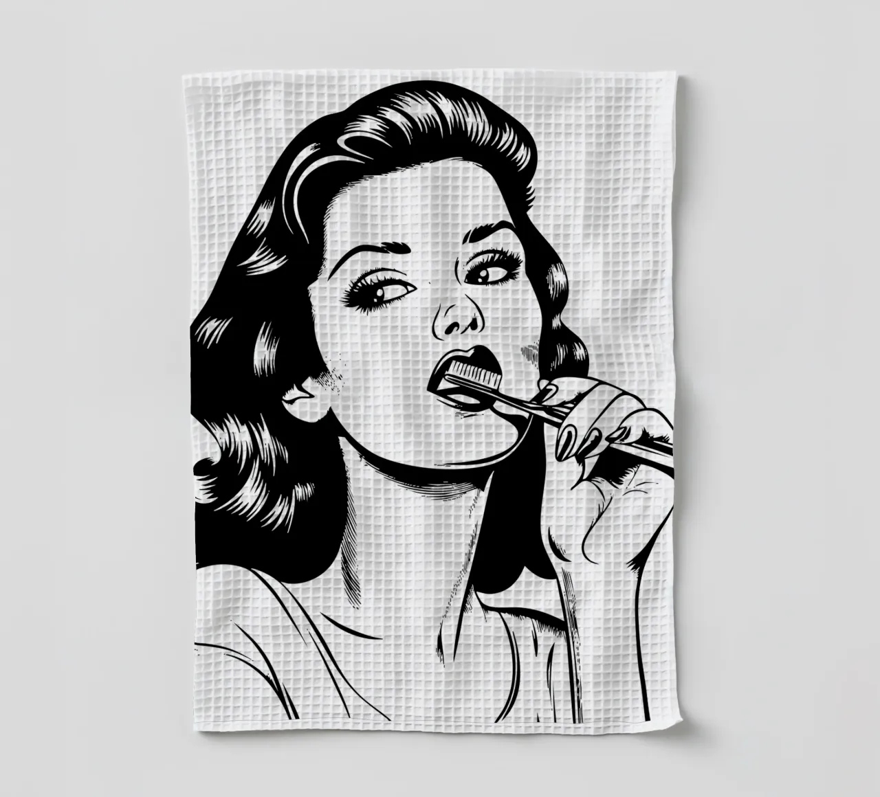 Retro Routine - Pop Art Femme se brossant les dents Print torchon de Synthaira