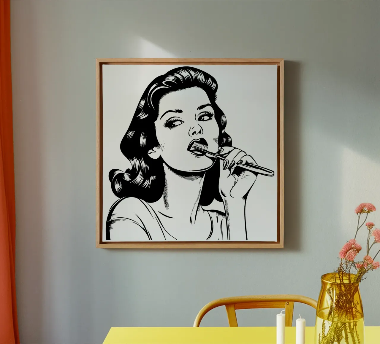 Retro Routine - Pop Art Vrouw Tandenpoets Print canvas van Synthaira