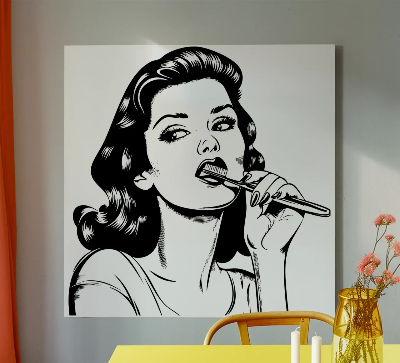 Retro Routine - Pop Art Vrouw Tandenpoets Print canvas van Synthaira