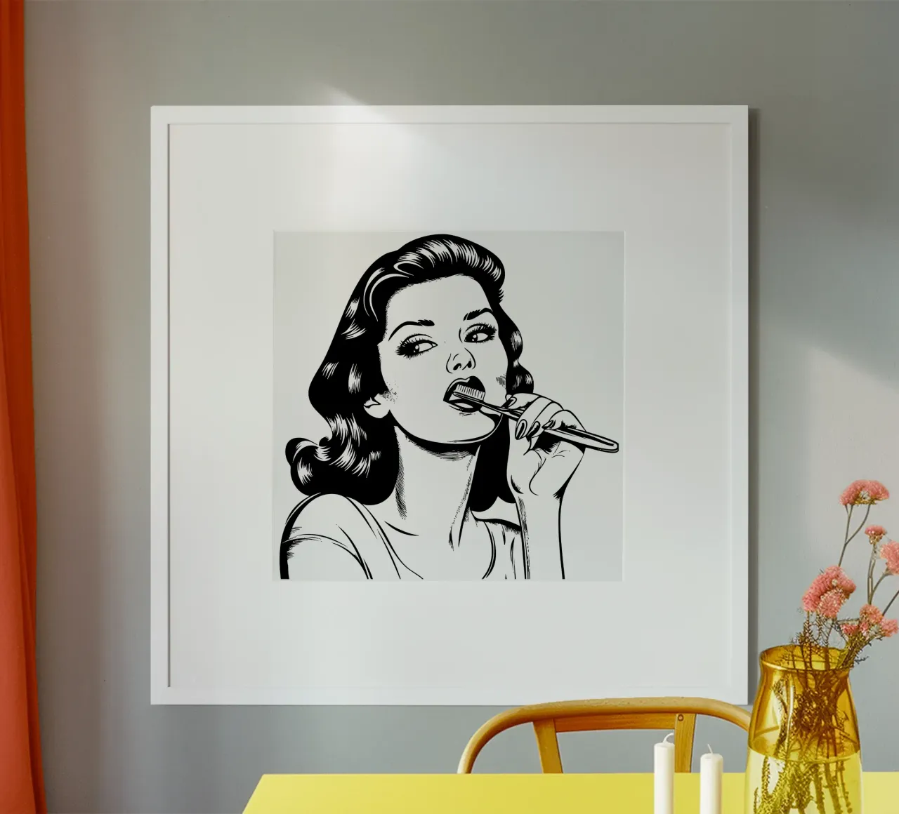 Routine retrò - Stampa Pop Art Donna che si lava i denti poster con telaio in plastica da Synthaira