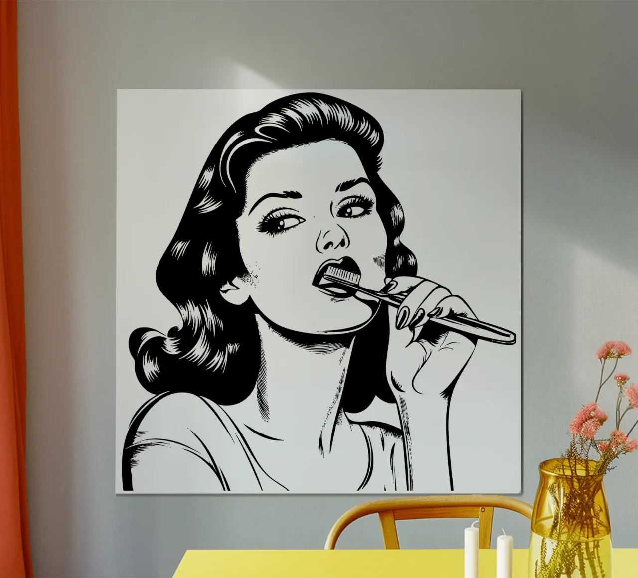 Routine retrò - Stampa Pop Art Donna che si lava i denti poster con telaio in plastica da Synthaira