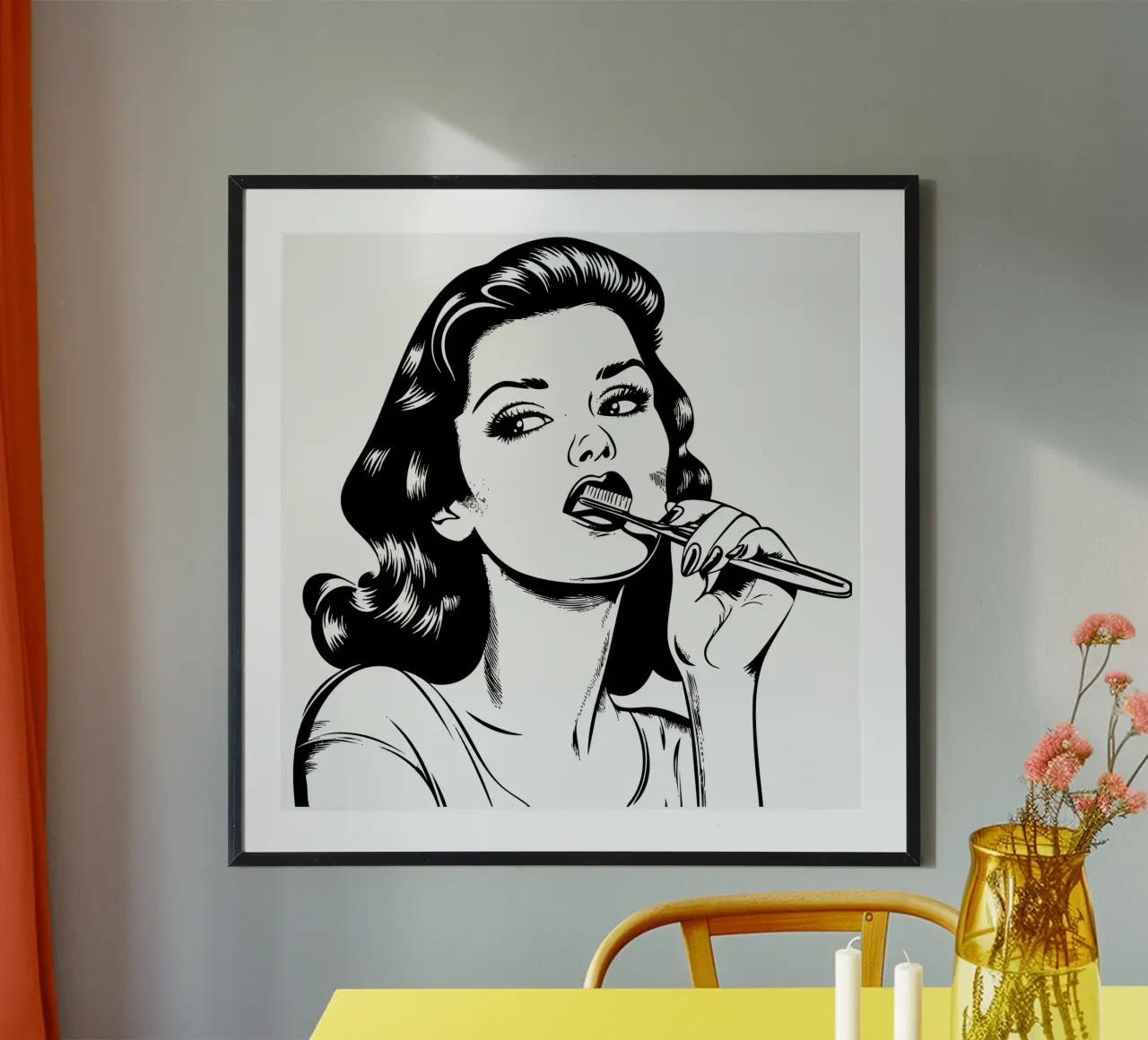 Routine retrò - Stampa Pop Art Donna che si lava i denti poster con telaio in plastica da Synthaira