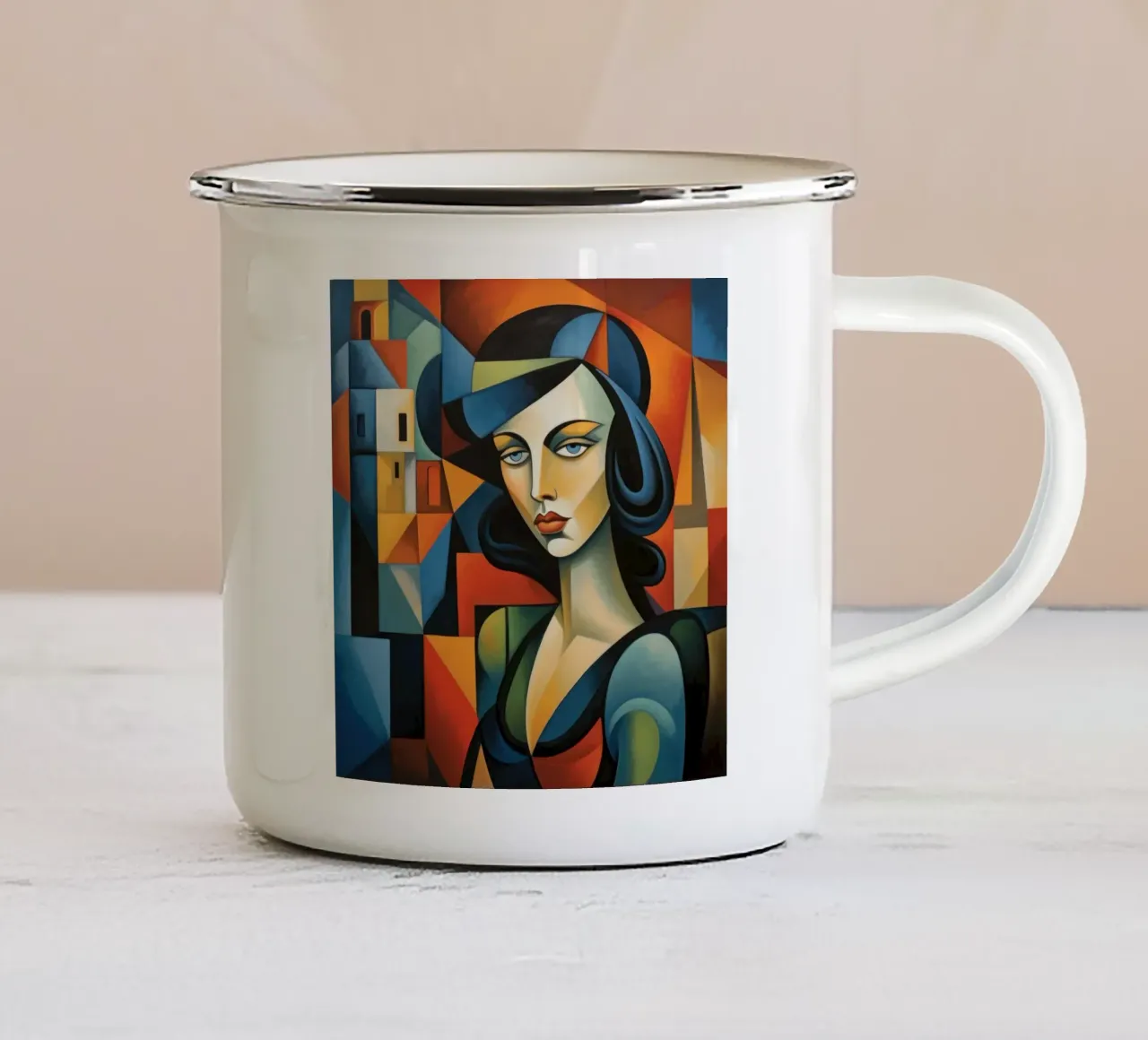 Cubismo Donna portoghese tazza in smalto da Artful Muse