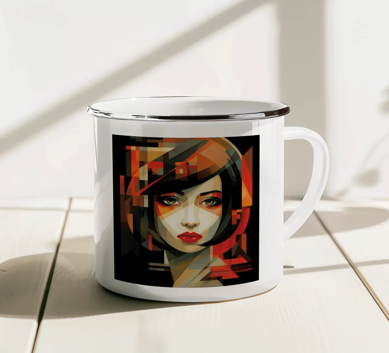 Il cubismo dà forma alla donna asiatica tazza in smalto da Artful Muse