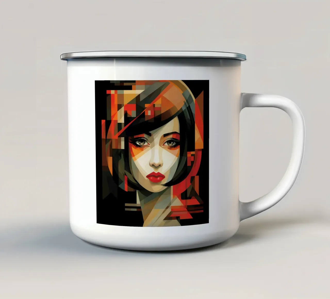 Il cubismo dà forma alla donna asiatica tazza in smalto da Artful Muse
