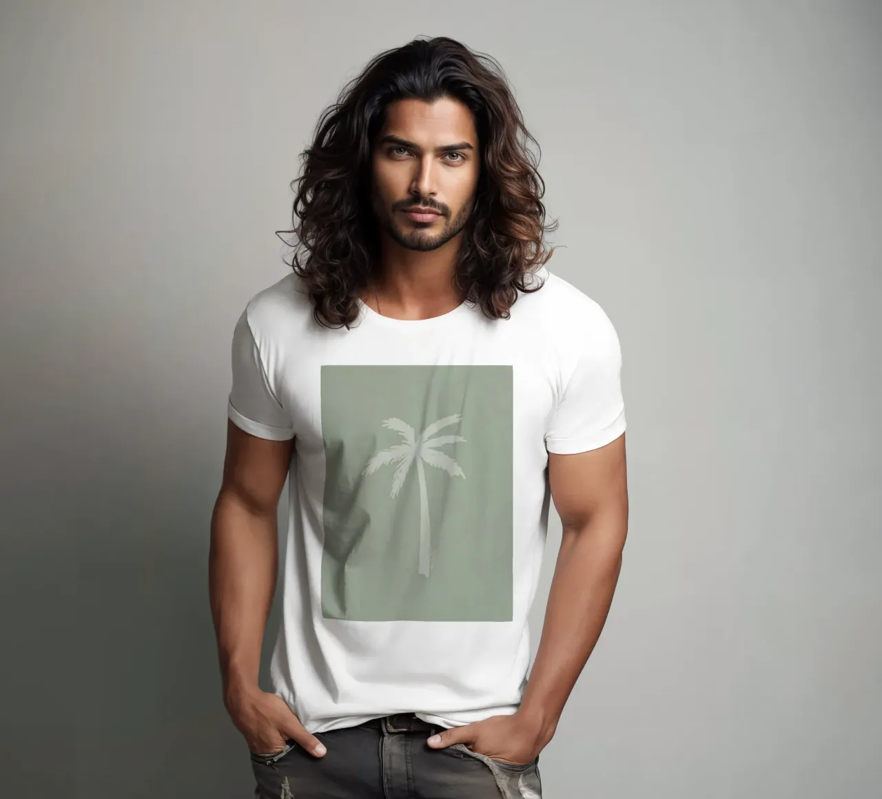 Light boho sage green white abstract minimalist palm tree t-shirt by This Wild Soul - Illustration