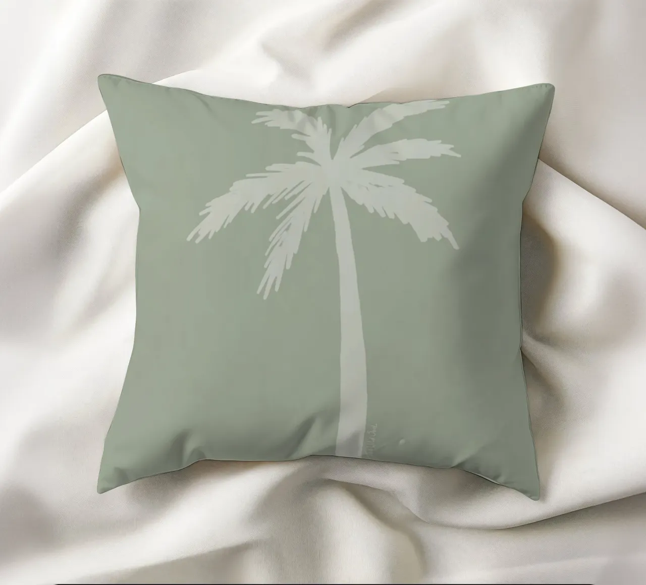 Light boho sage green white abstract minimalist palm tree decorative cushion by This Wild Soul - Illustration