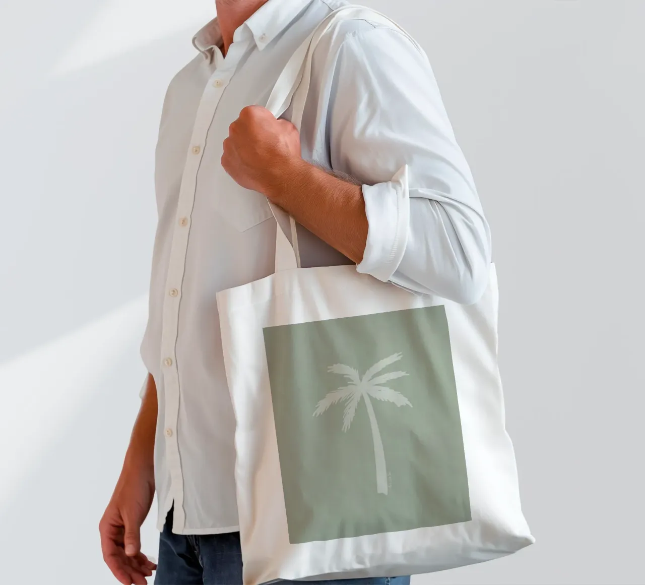 Light boho sage green white abstract minimalist palm tree tote bag by This Wild Soul - Illustration