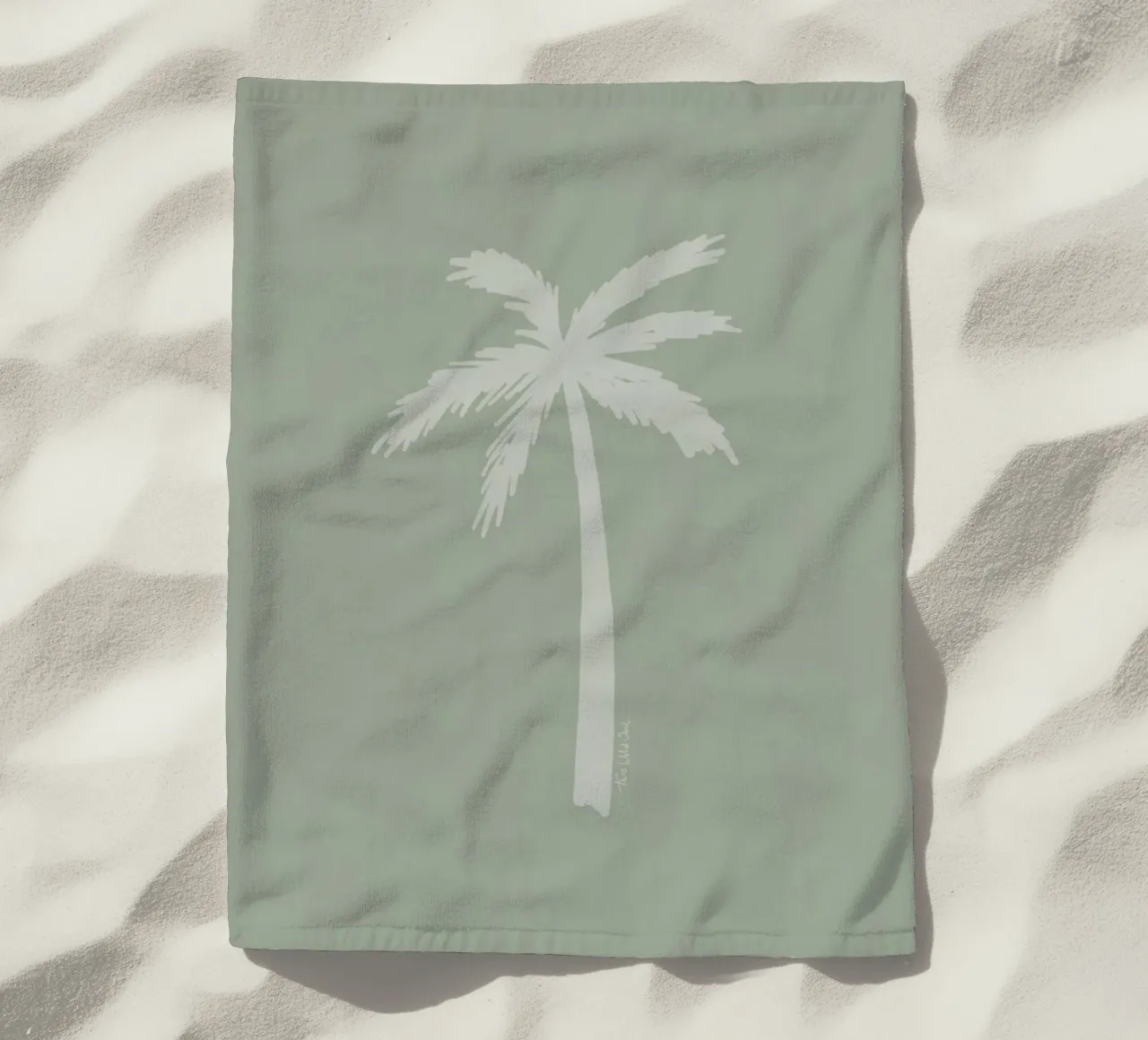 Light boho sage green white abstract minimalist palm tree beach towel by This Wild Soul - Illustration