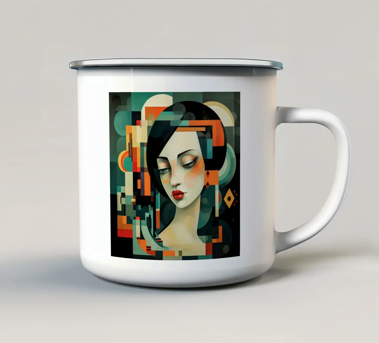 Il cubismo dà forma alla donna asiatica tazza in smalto da Artful Muse