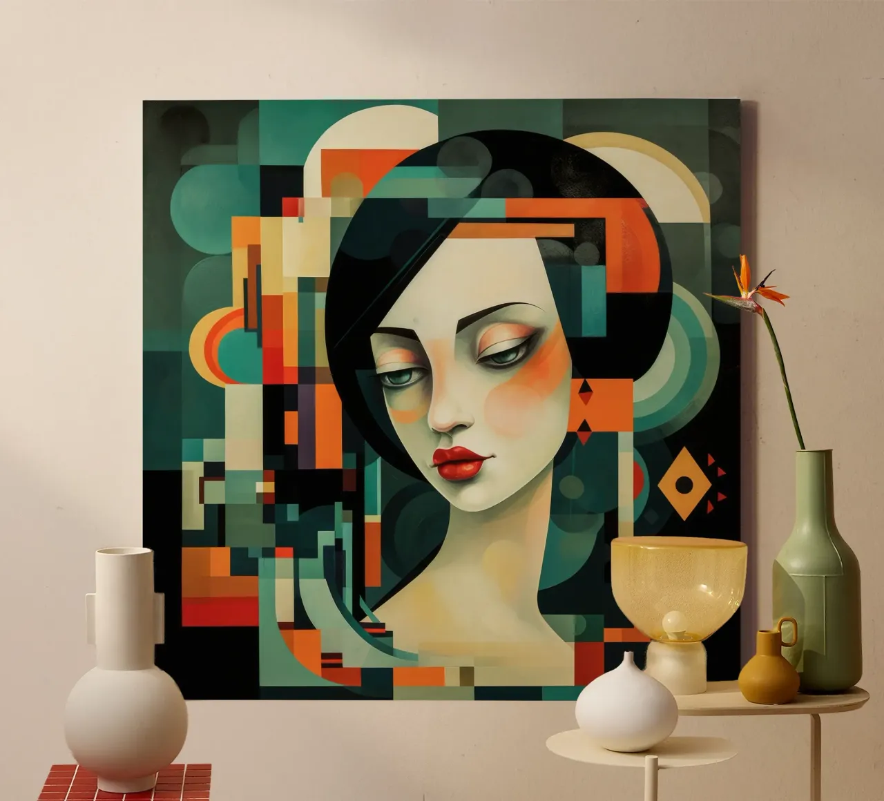 Il cubismo dà forma alla donna asiatica tela con Cornice a cassetta da Artful Muse