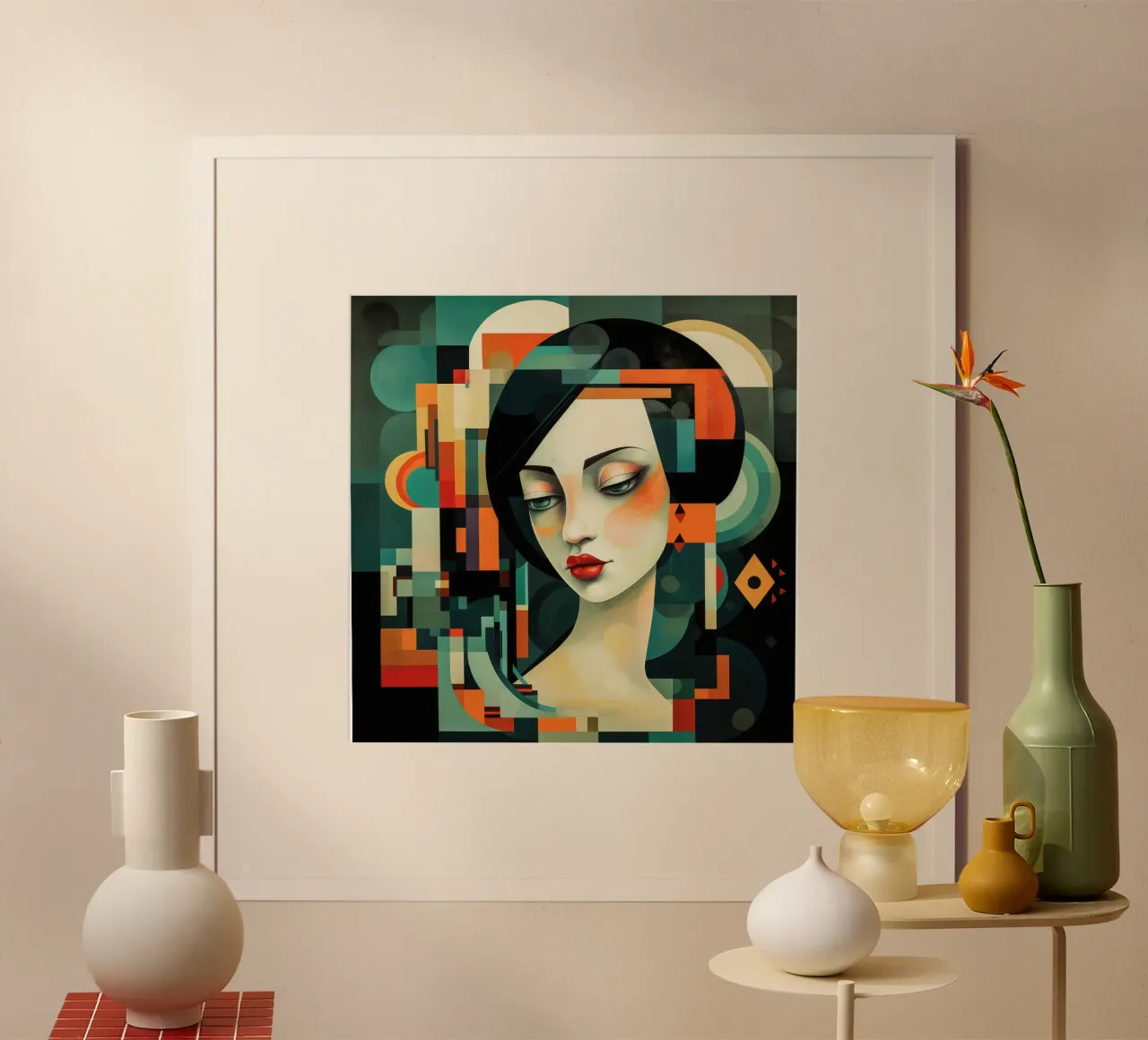 Il cubismo dà forma alla donna asiatica poster con telaio in legno da Artful Muse