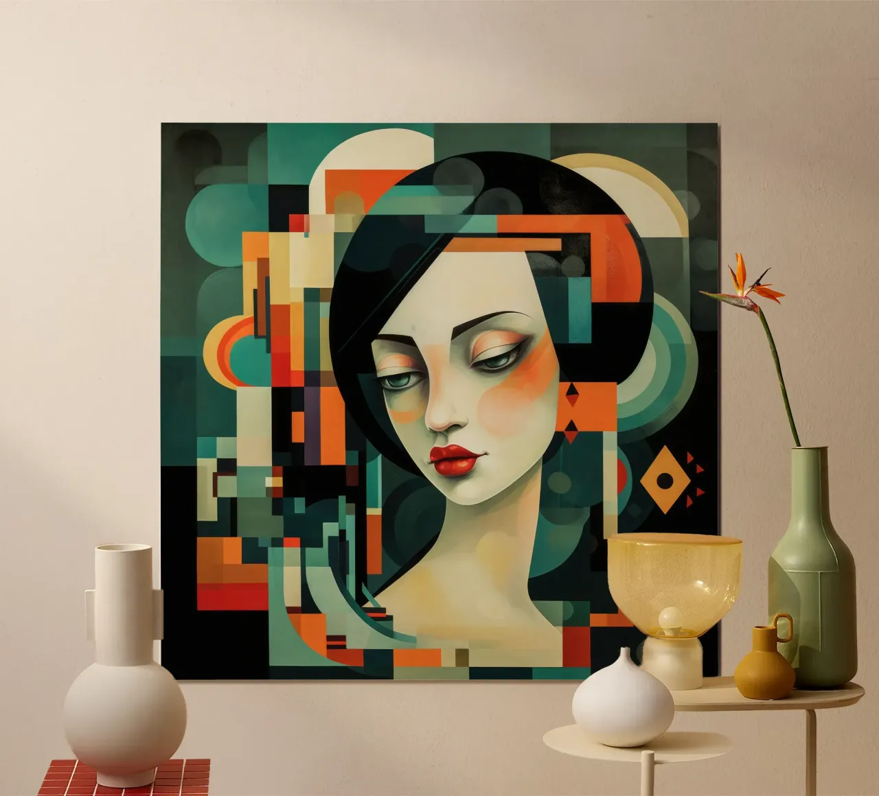 Il cubismo dà forma alla donna asiatica poster con telaio in legno da Artful Muse