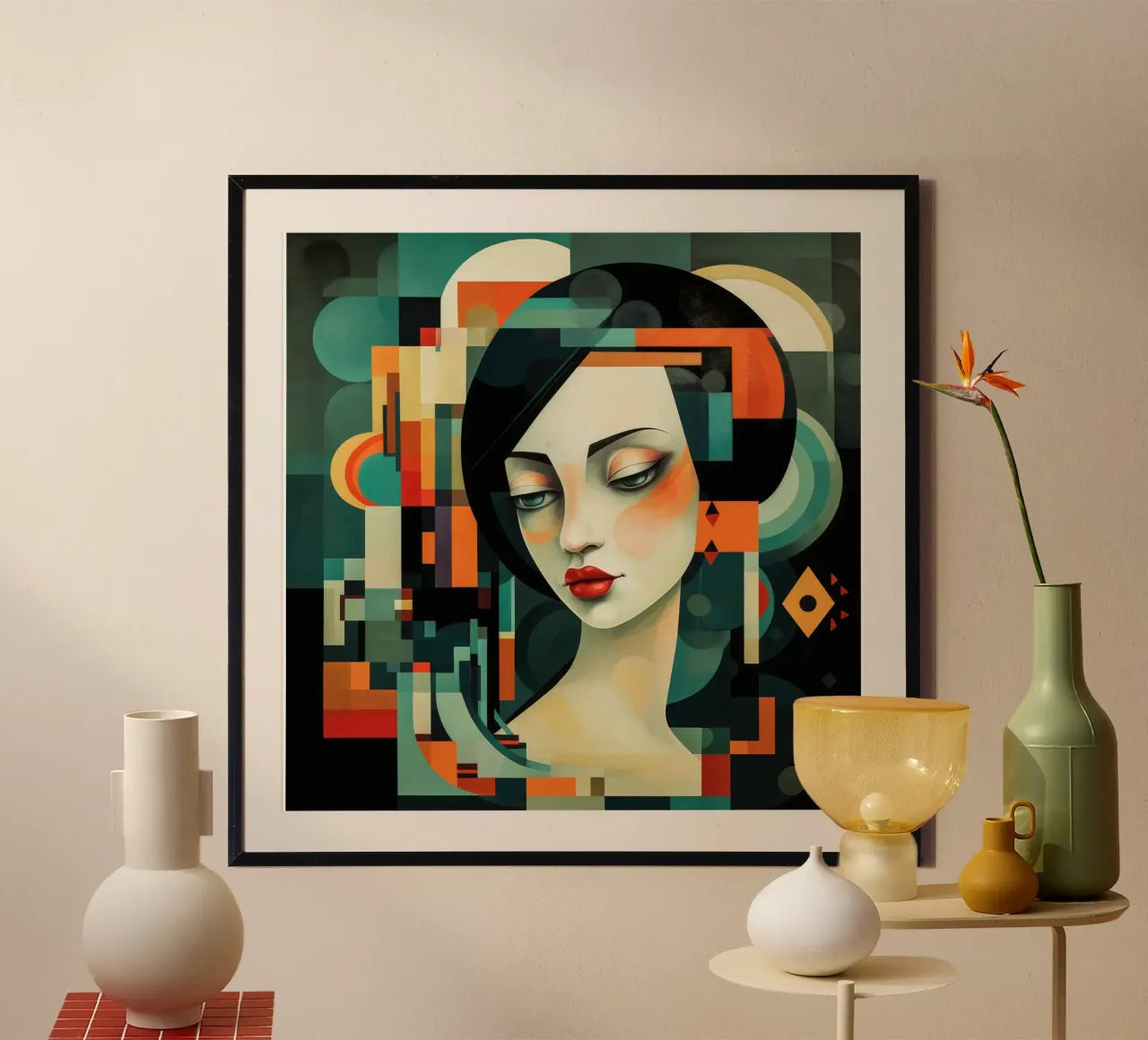 Il cubismo dà forma alla donna asiatica poster con telaio in legno da Artful Muse