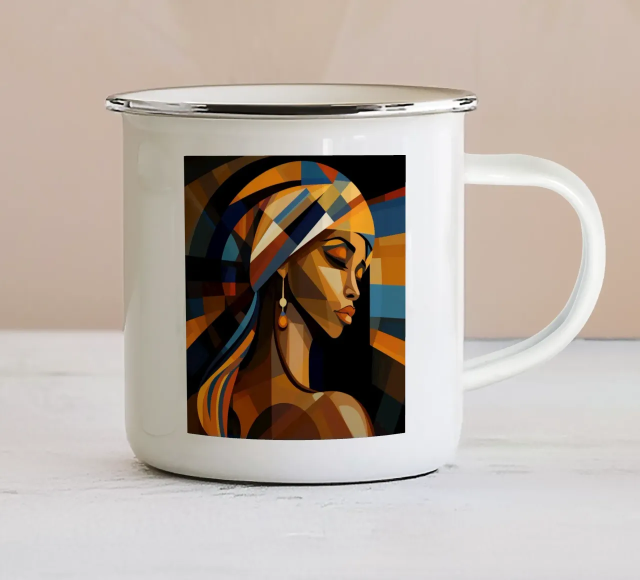 Cubismo Donna ugandese tazza in smalto da Artful Muse