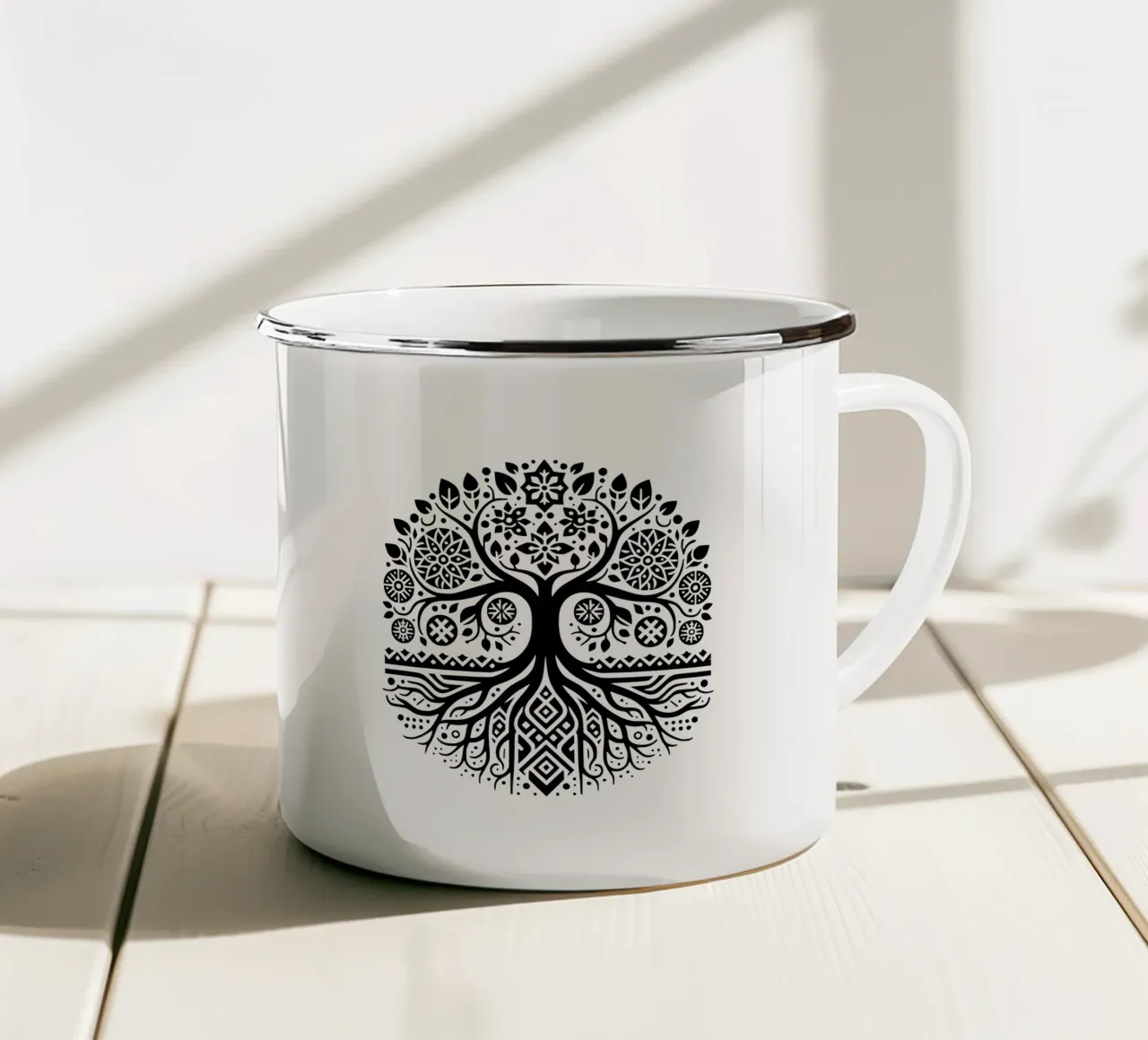 Albero della vita in bianco e nero tazza in smalto da Spiritual Touch