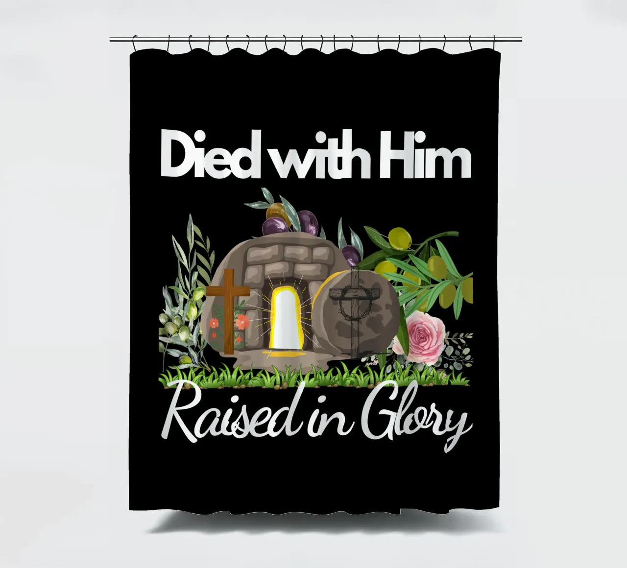 Mit ihm gestorben, auferstanden in der Herrlichkeit, lebendig mit neuem Leben in Christus Duschvorhang von Lionandlamb