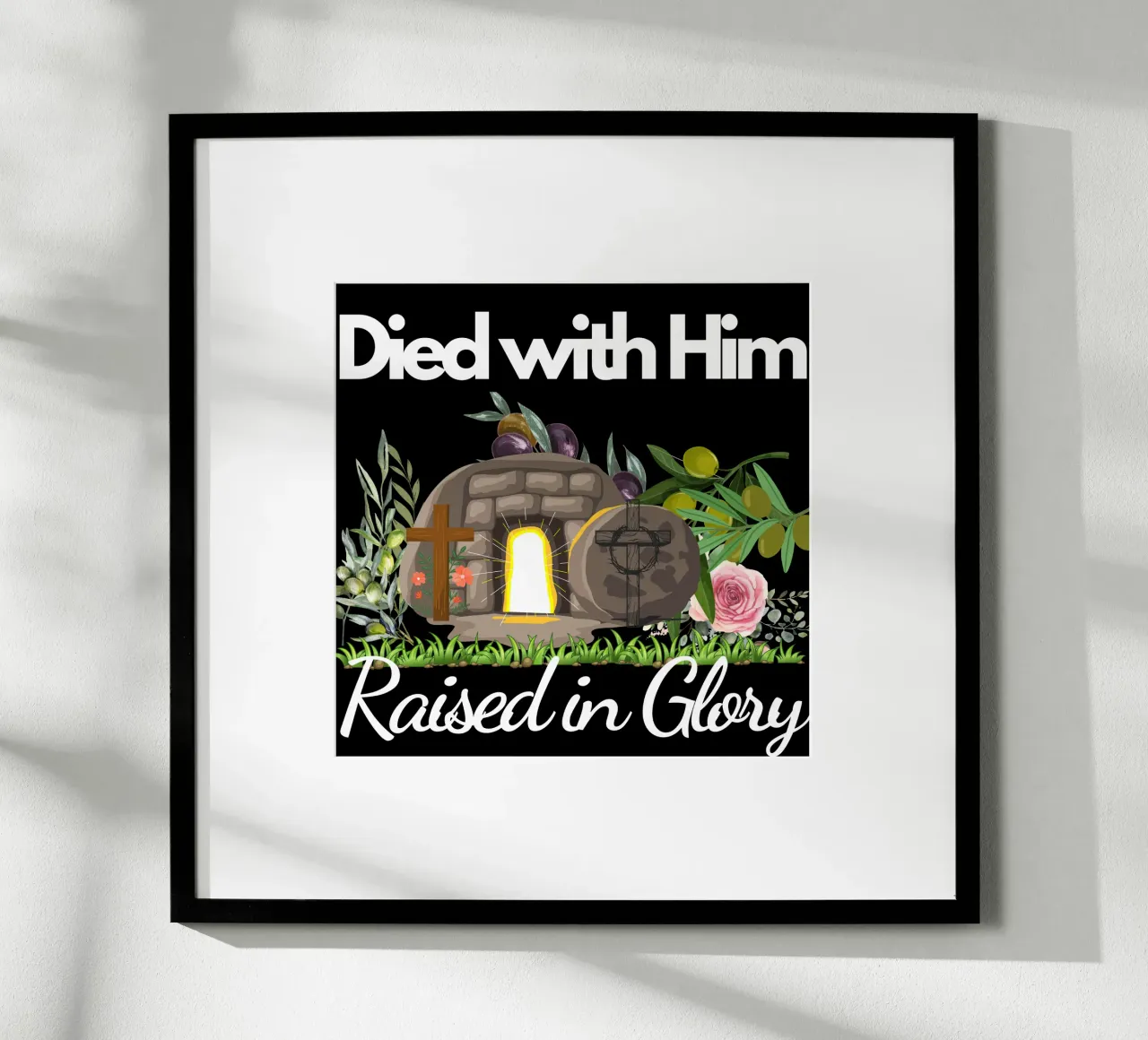 Morti con Lui, risorti nella gloria, vivi con una nuova vita in Cristo poster con telaio in plastica da Lionandlamb