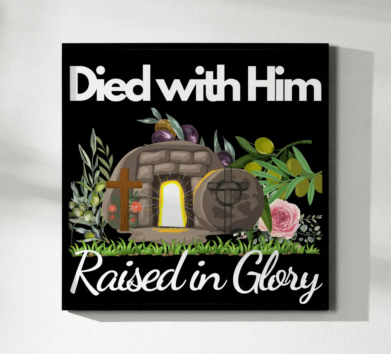 Morti con Lui, risorti nella gloria, vivi con una nuova vita in Cristo poster con telaio in plastica da Lionandlamb