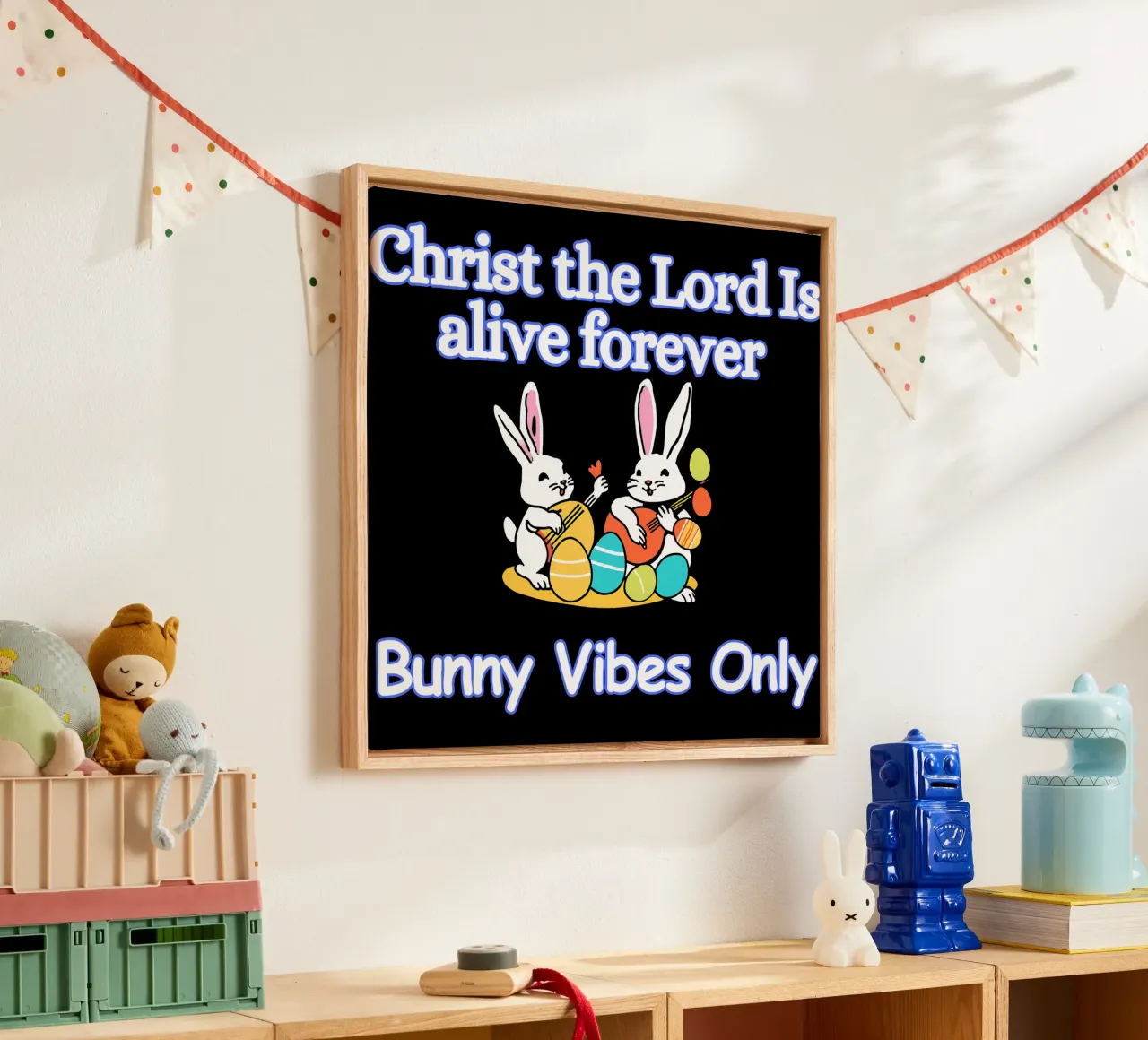 Christ the Lord is Alive Bunny Vibes Only Forever lienzo con Marco flotante de Lionandlamb
