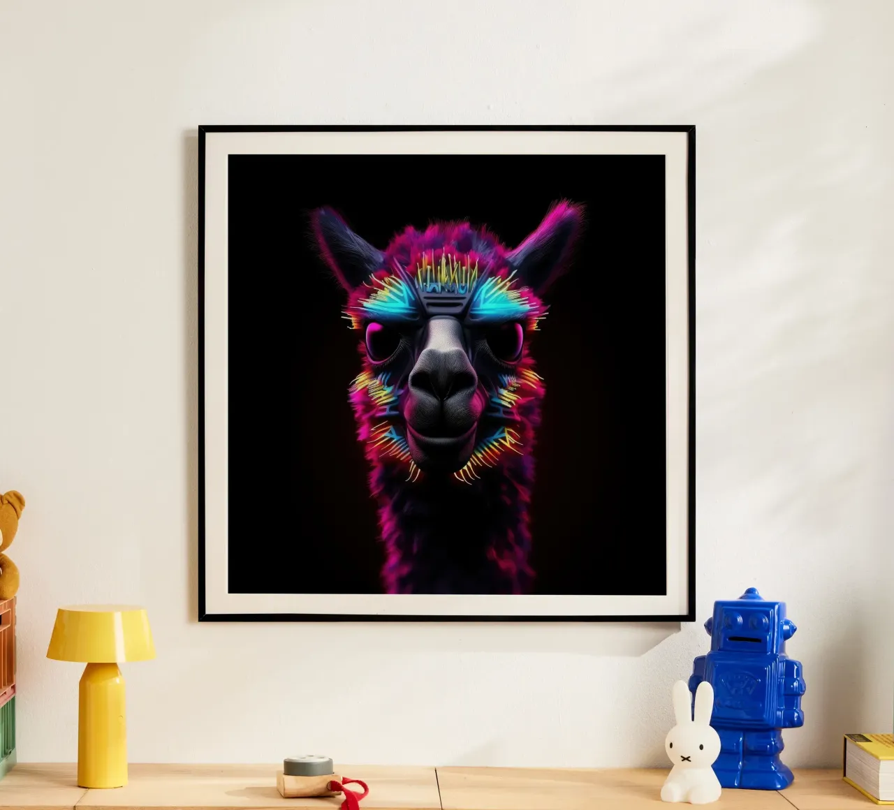 Alpaca luminoso al neon carta hahnemühle da Animal Portraits