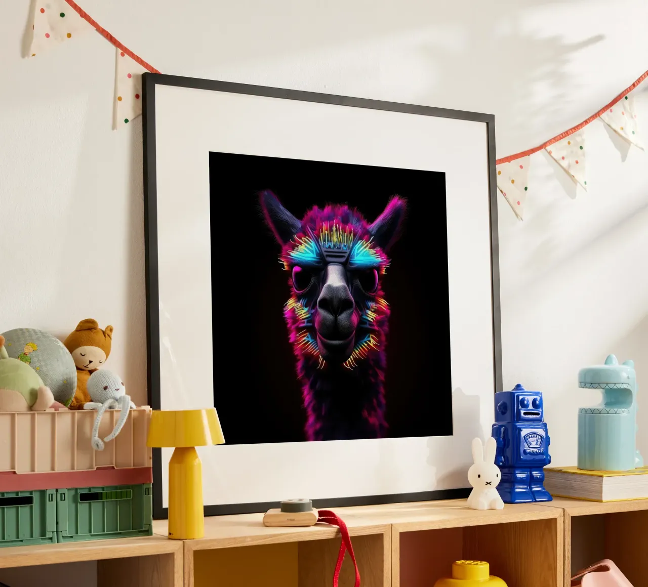 Alpaca luminoso al neon carta hahnemühle da Animal Portraits