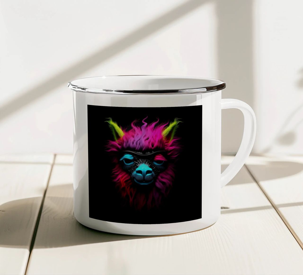 Alpaca luminoso al neon tazza in smalto da Animal Portraits