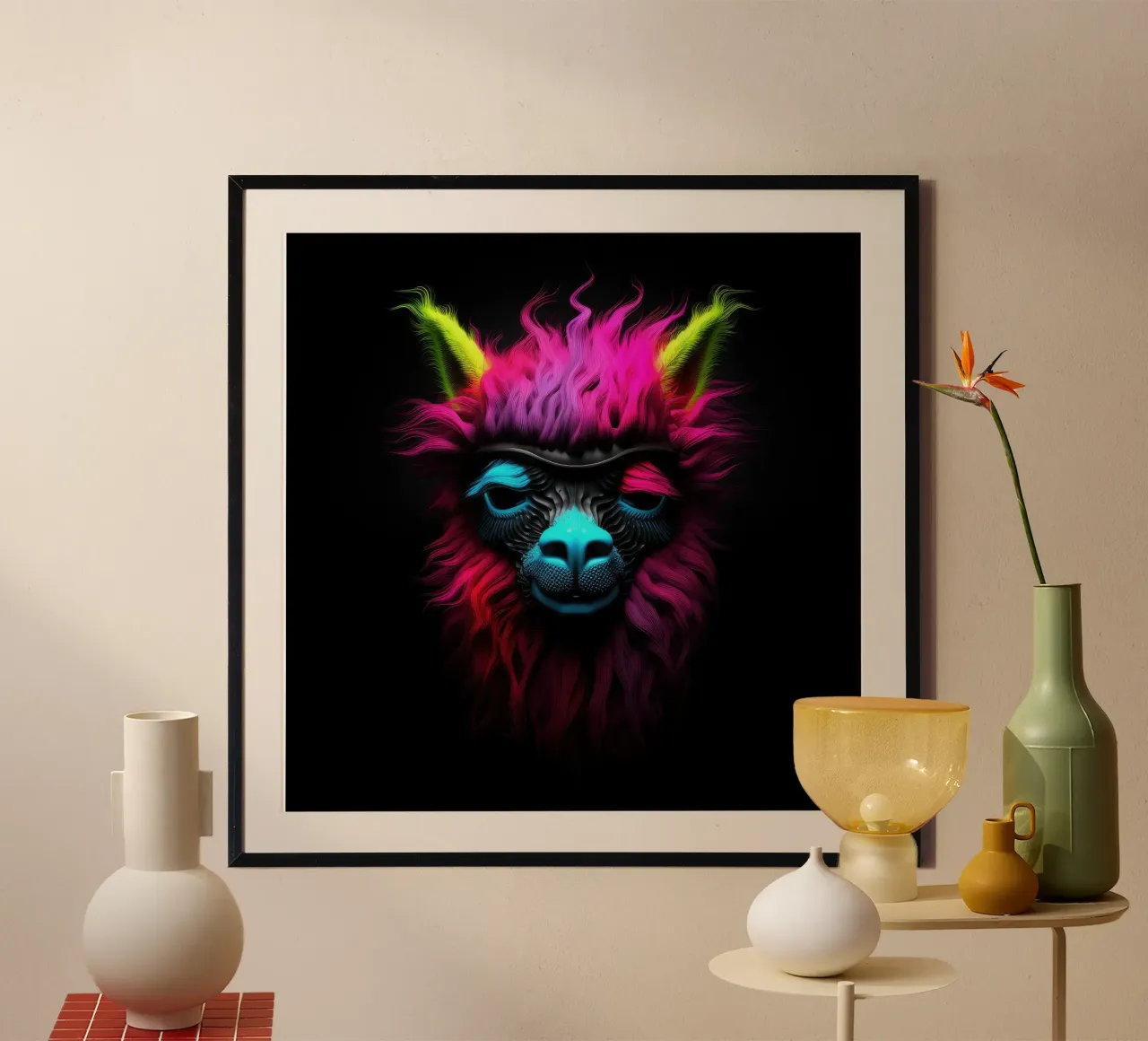 Alpaca luminoso al neon poster con telaio in legno da Animal Portraits