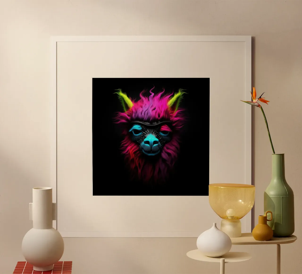 Alpaca luminoso al neon poster con telaio in legno da Animal Portraits