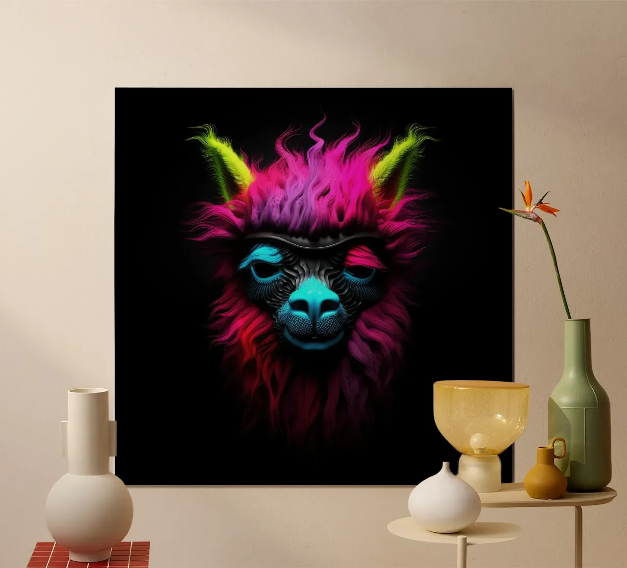 Alpaca luminoso al neon poster con telaio in legno da Animal Portraits