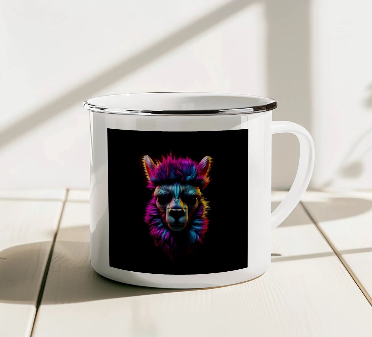 Alpaca luminoso al neon tazza in smalto da Animal Portraits