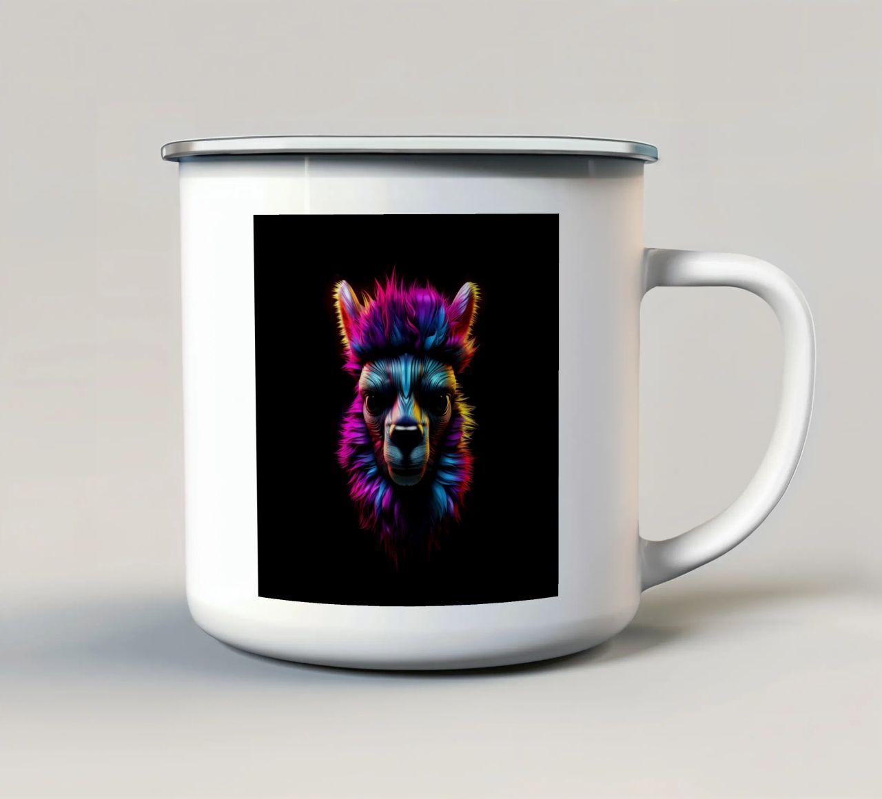 Alpaca luminoso al neon tazza in smalto da Animal Portraits