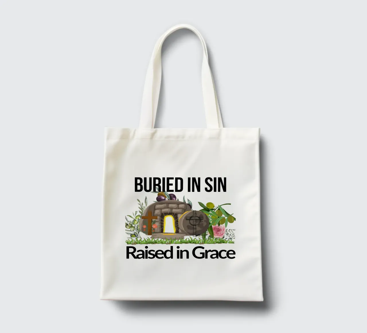 Buried in Sin, Raised in Grace Transformed by New Life tote bag by Lionandlamb