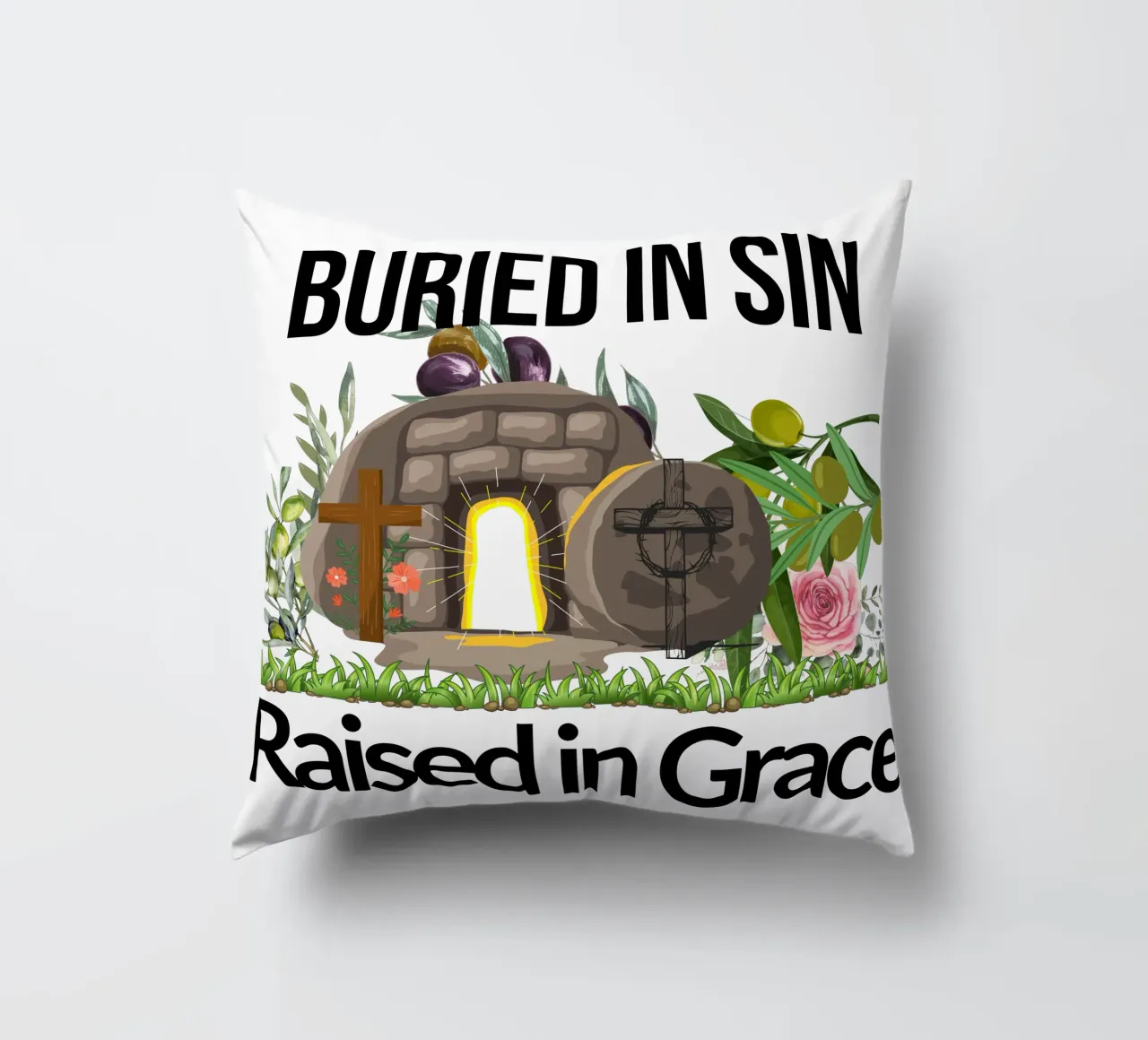 Buried in Sin, Raised in Grace Transformed by New Life decorative cushion by Lionandlamb