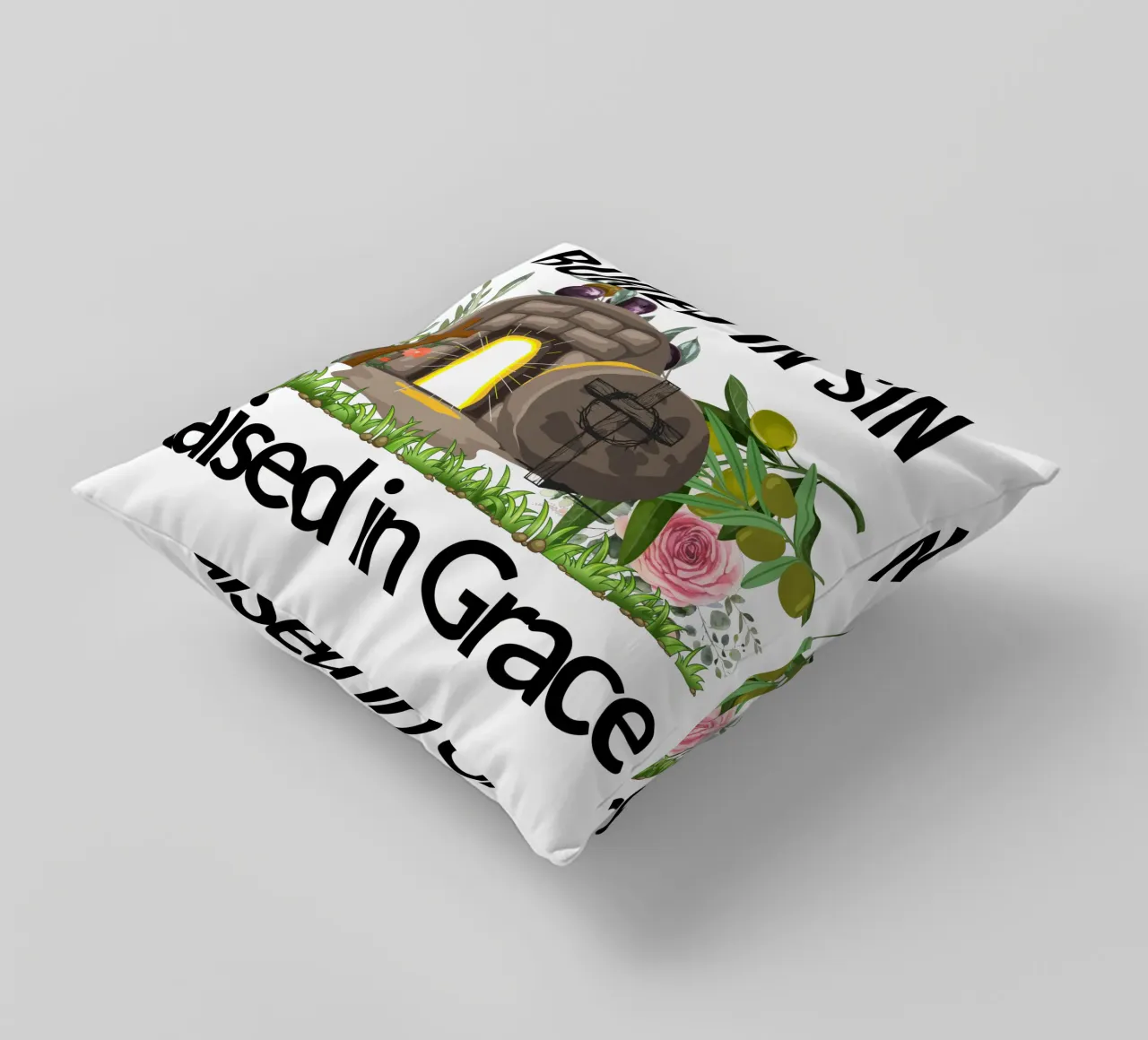 Buried in Sin, Raised in Grace Transformed by New Life decorative cushion by Lionandlamb