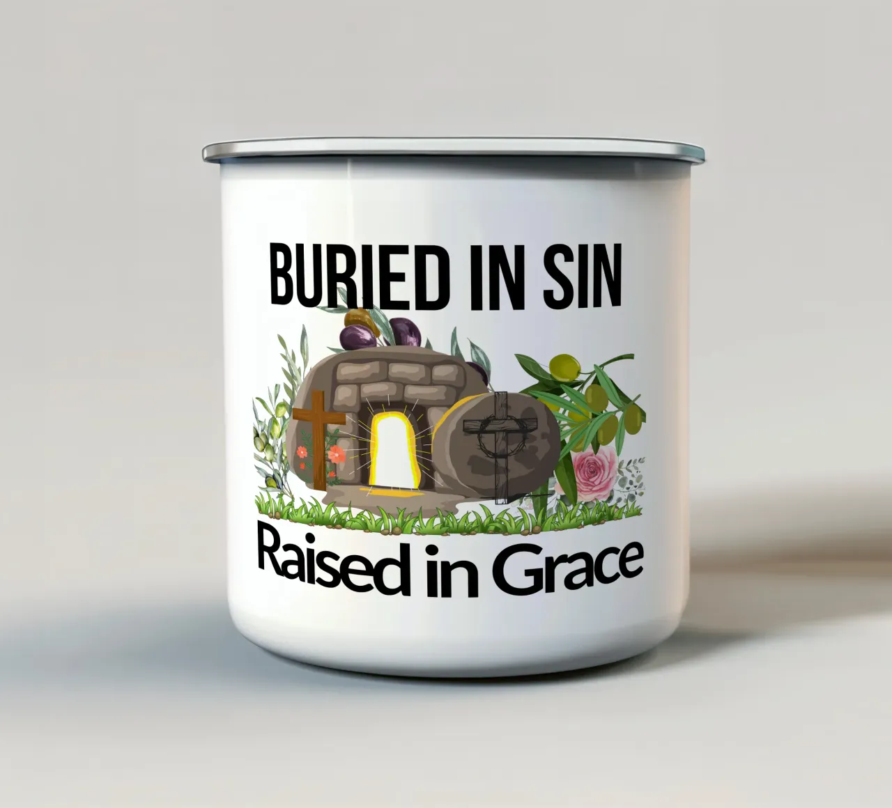 Enterré dans le péché, ressuscité dans la grâce Transformé par une vie nouvelle mug en émail de Lionandlamb