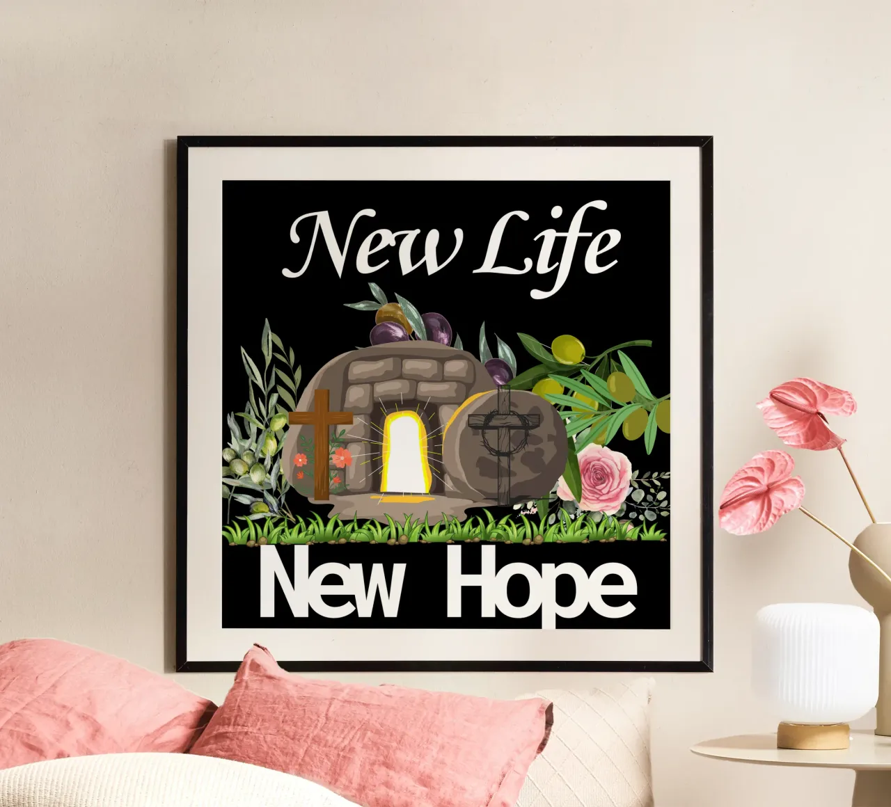 Nieuw leven, nieuwe hoop, vernieuwd in de kracht en liefde van Christus poster met aluminium frame van Lionandlamb