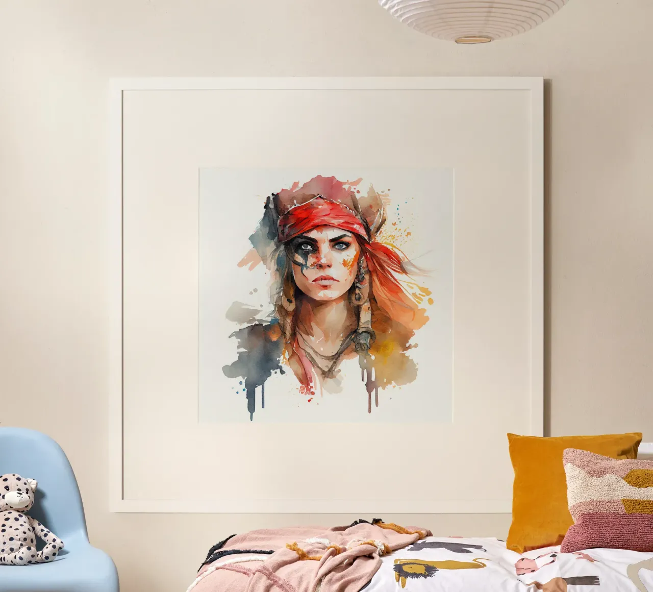 Donna pirata ad acquerello poster con telaio in legno da Chromatic Fusion Studio