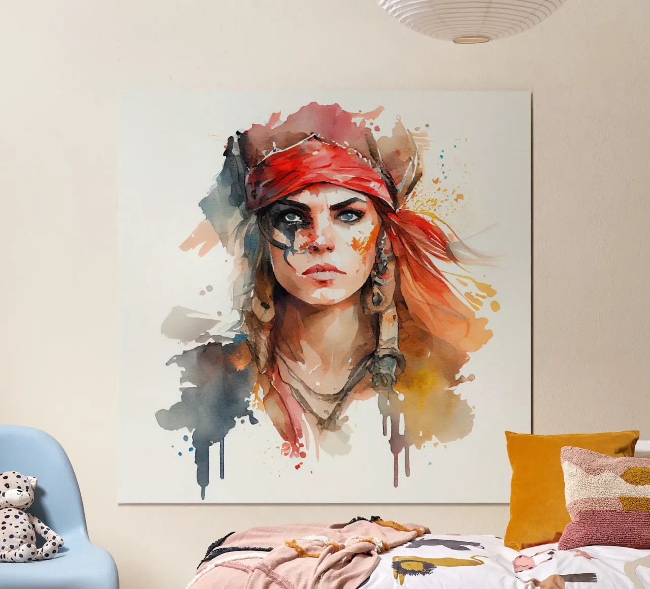 Donna pirata ad acquerello poster con telaio in legno da Chromatic Fusion Studio