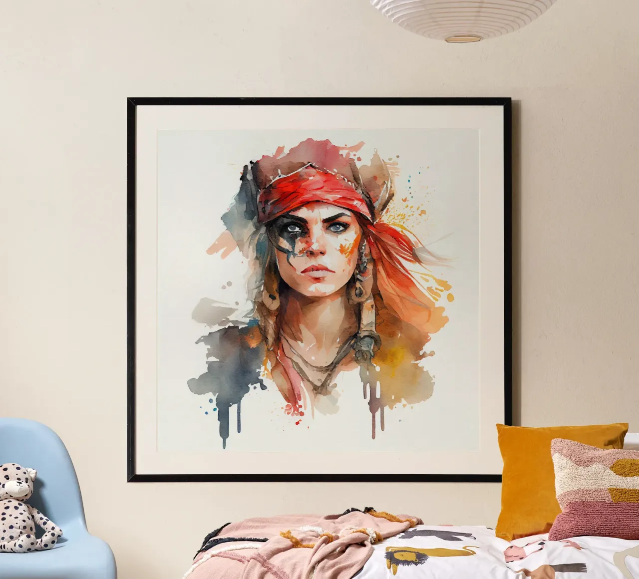 Donna pirata ad acquerello poster con telaio in legno da Chromatic Fusion Studio