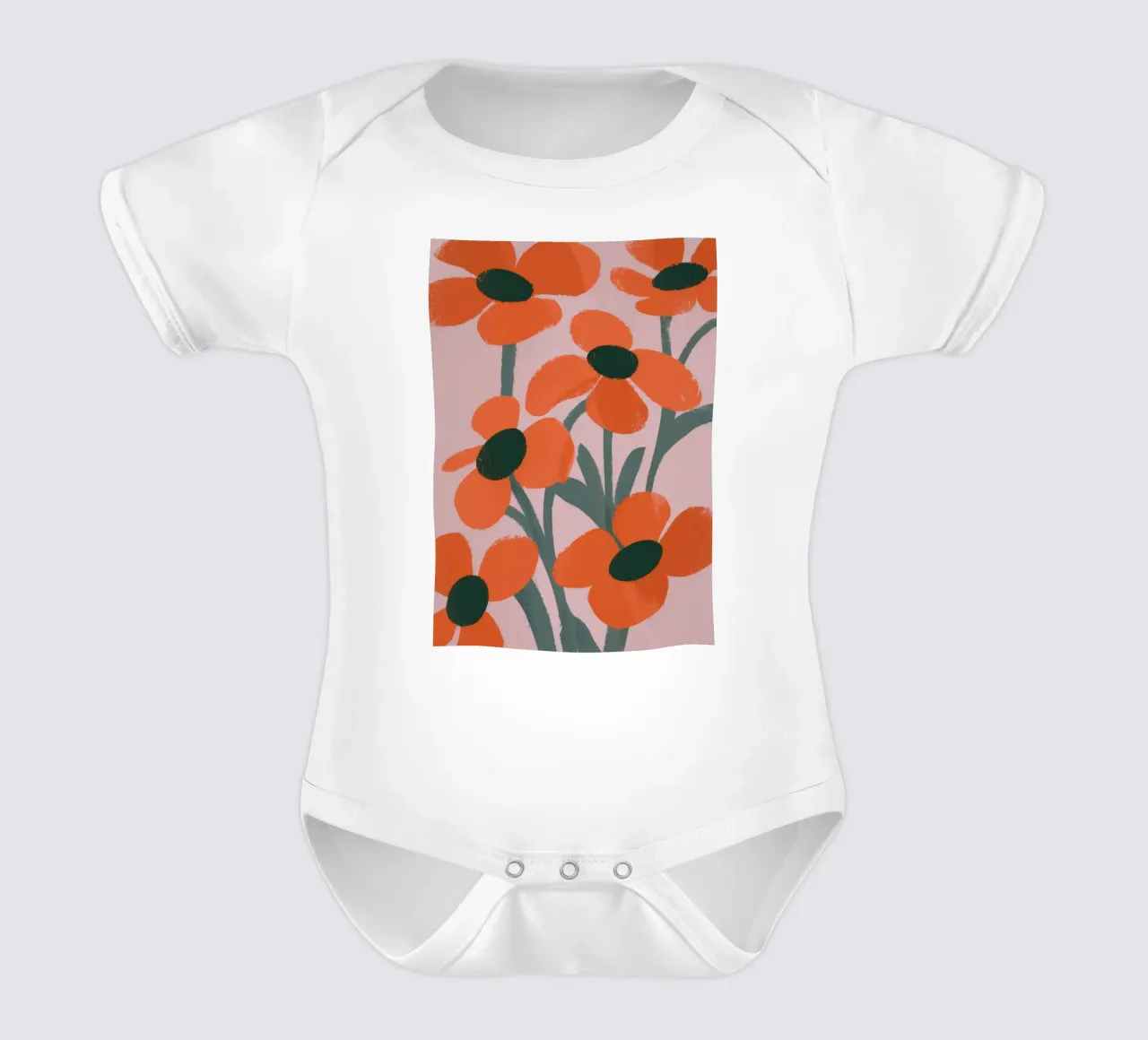 Orange Flowers Pattern short-sleeve baby romper by Kamera Obskura
