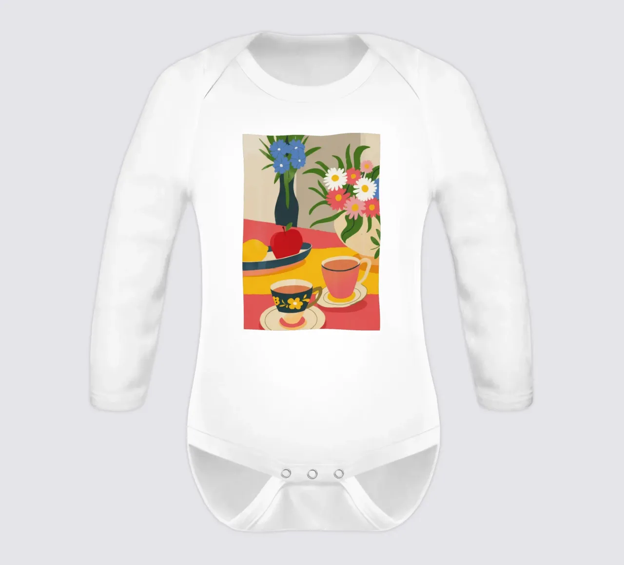 Charming Tea Moment long-sleeve baby romper by Kamera Obskura
